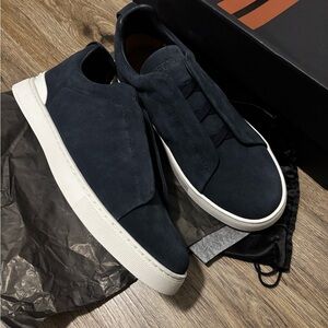 Zegna Triple Stitch Sneakers Navy Suede Slip-On White Sole Men’s Size 10